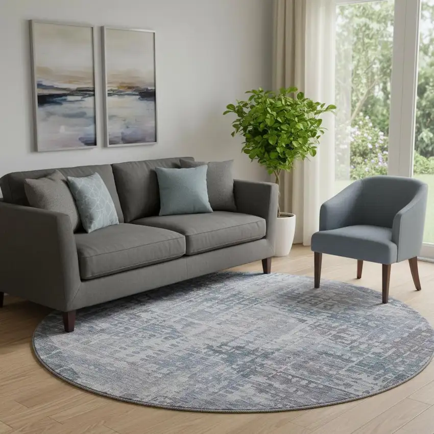 8' Blue And Purple Geometric Washable Round Rug With UV Protection Photo 2