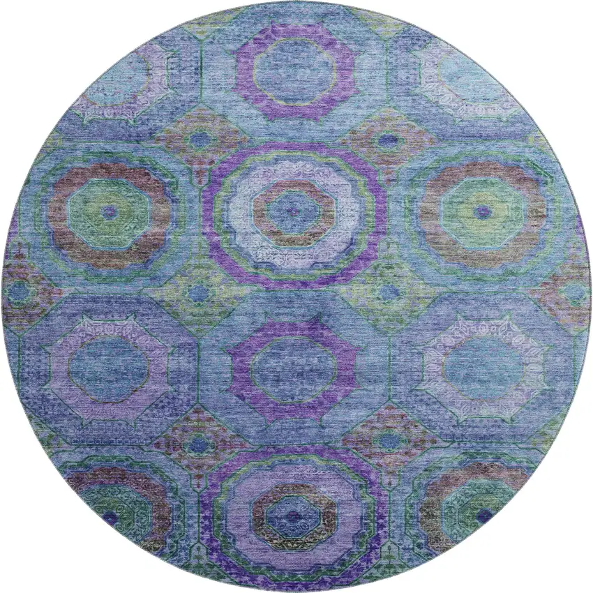 8' Blue And Purple Geometric Washable Round Rug With UV Protection Photo 1