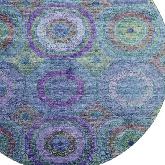 8' Blue And Purple Geometric Washable Round Rug With UV Protection Photo 3
