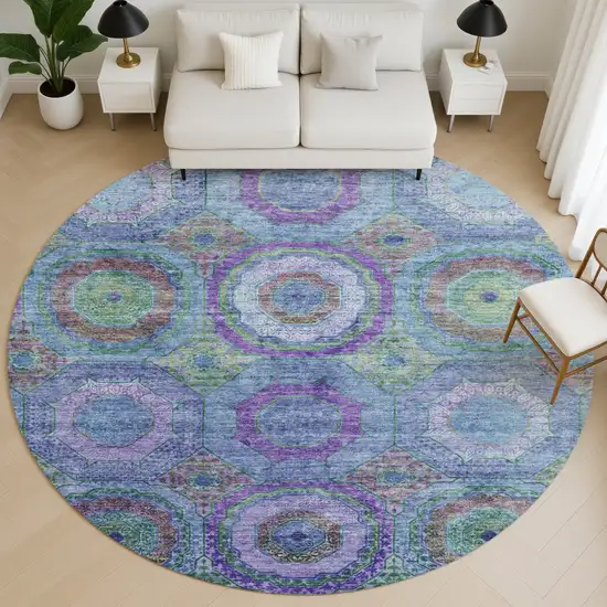 8' Blue And Purple Geometric Washable Round Rug With UV Protection Photo 5