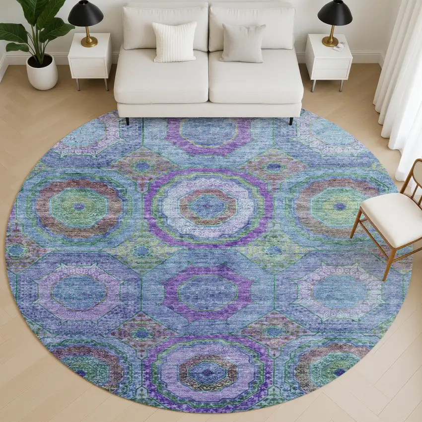 8' Blue And Purple Geometric Washable Round Rug With UV Protection Photo 5