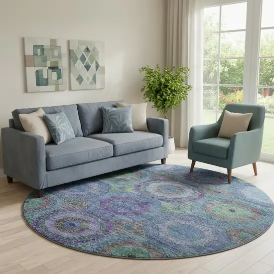 8' Blue And Purple Geometric Washable Round Rug With UV Protection Photo 2
