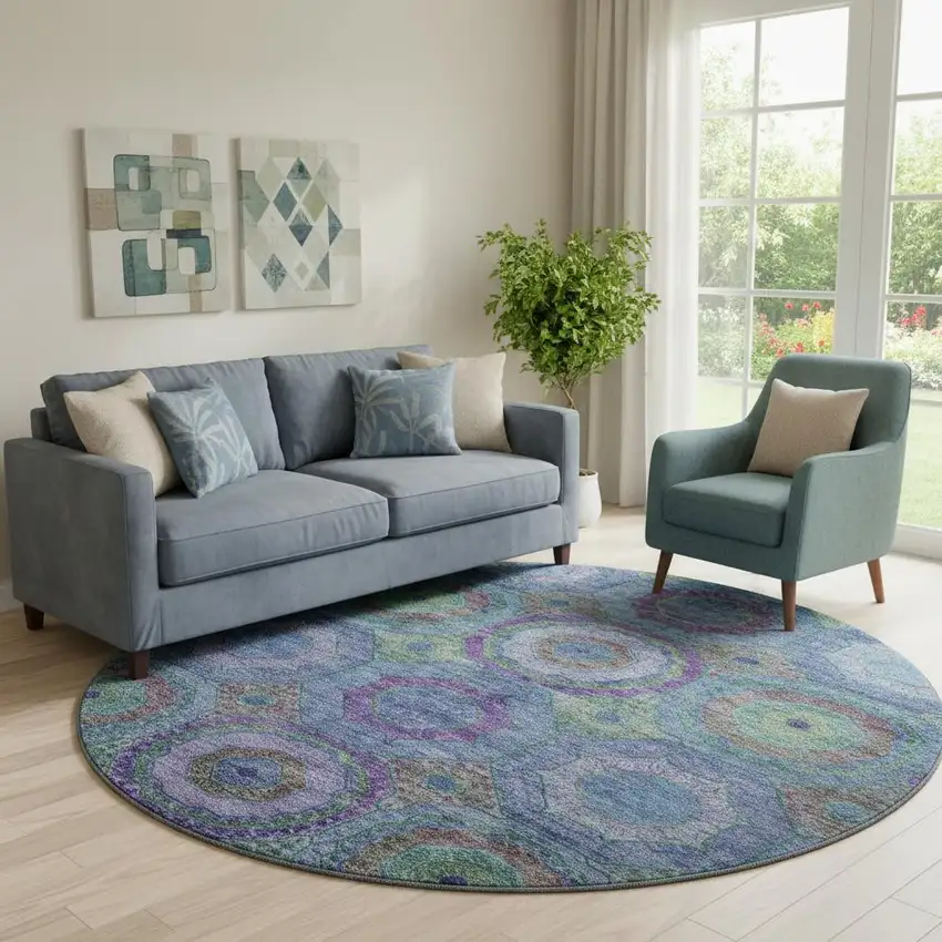 8' Blue And Purple Geometric Washable Round Rug With UV Protection Photo 2