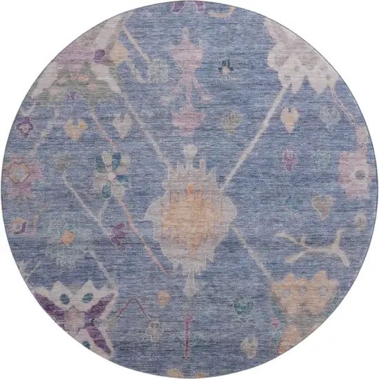 8' Blue And Purple Oriental Washable Round Rug With UV Protection Photo 1