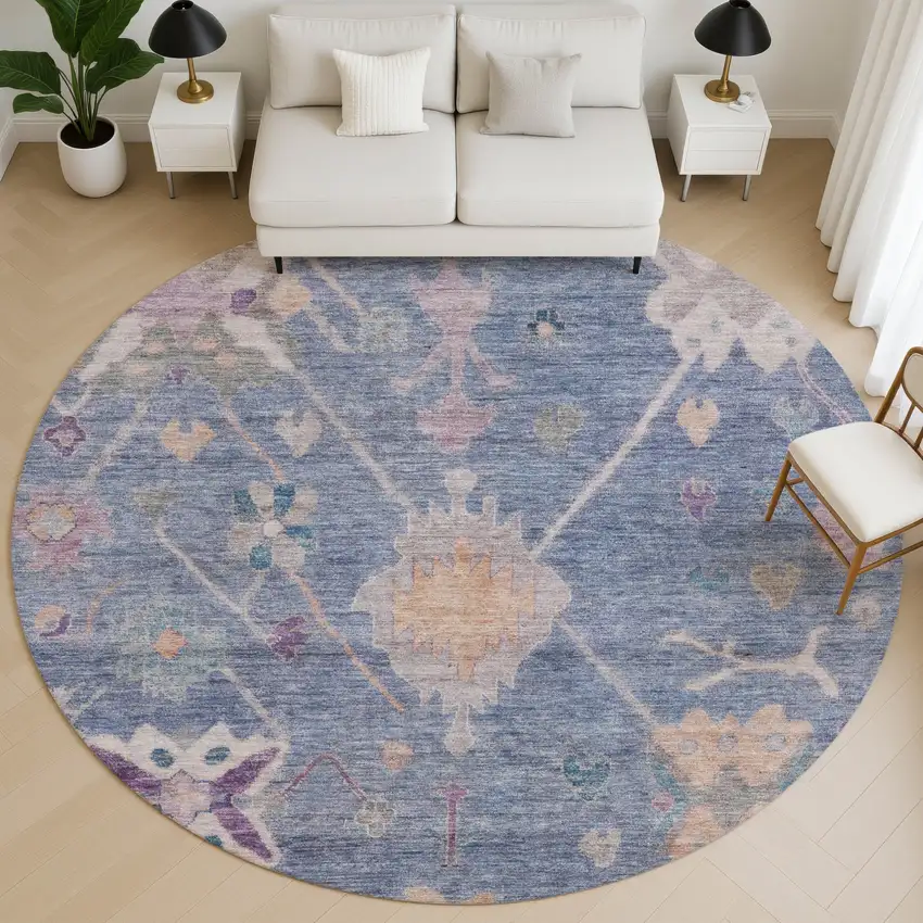 8' Blue And Purple Oriental Washable Round Rug With UV Protection Photo 5