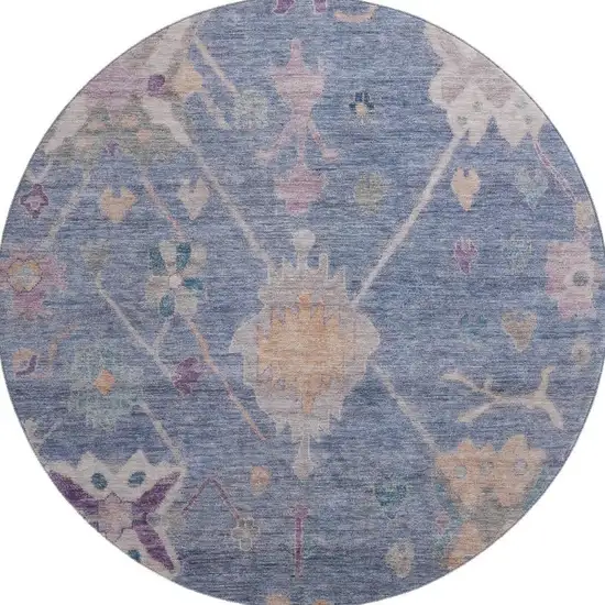 8' Blue And Purple Oriental Washable Round Rug With UV Protection Photo 4