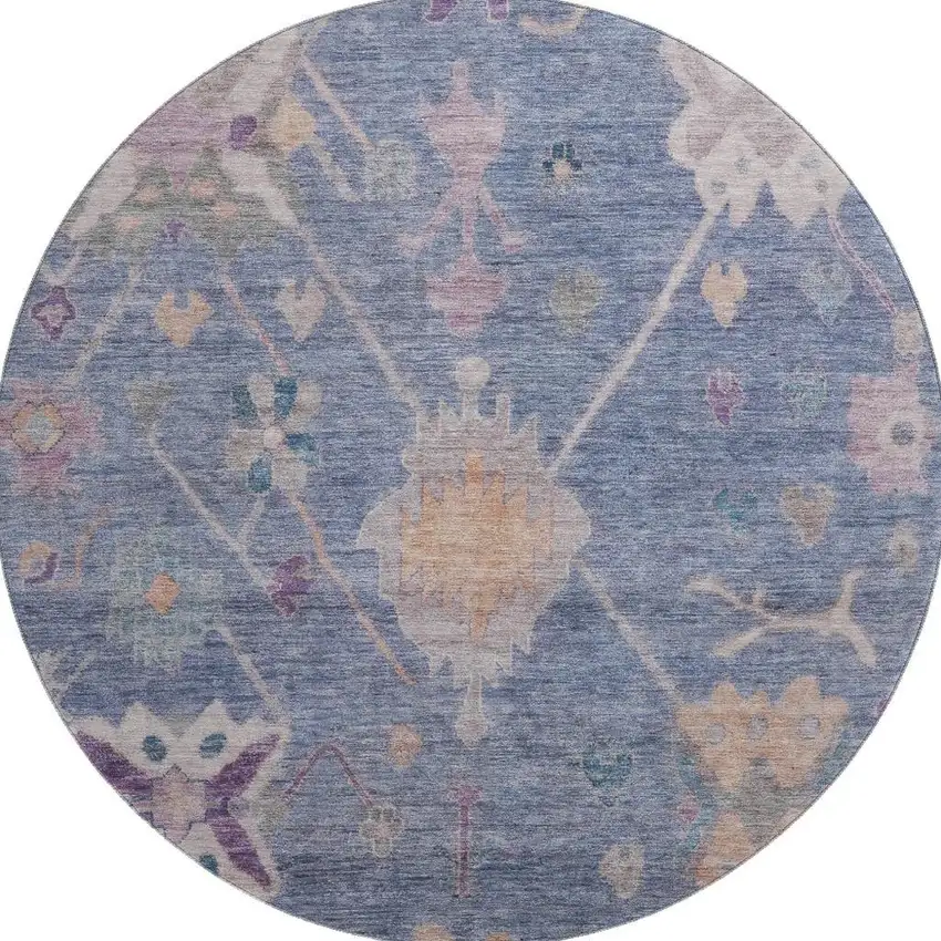8' Blue And Purple Oriental Washable Round Rug With UV Protection Photo 4