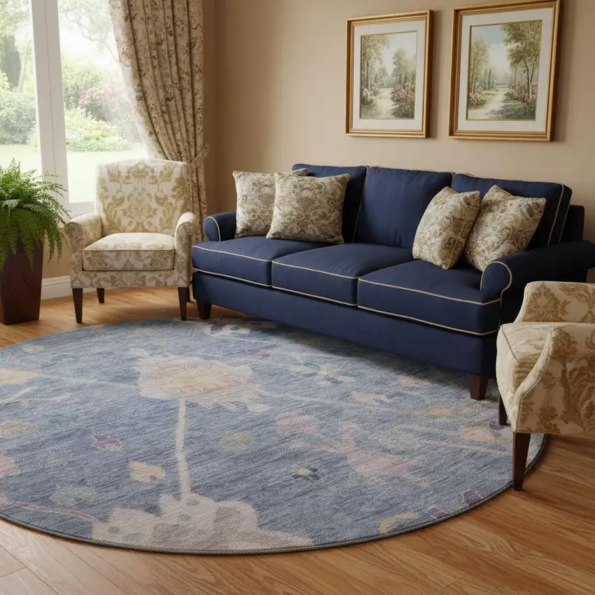 8' Blue And Purple Oriental Washable Round Rug With UV Protection Photo 2