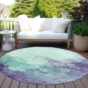 Photo of 8' Blue And Purple Round Abstract Washable Indoor Outdoor Area Rug