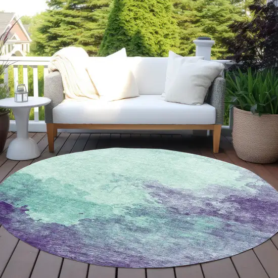 8' Blue And Purple Round Abstract Washable Indoor Outdoor Area Rug Photo 6