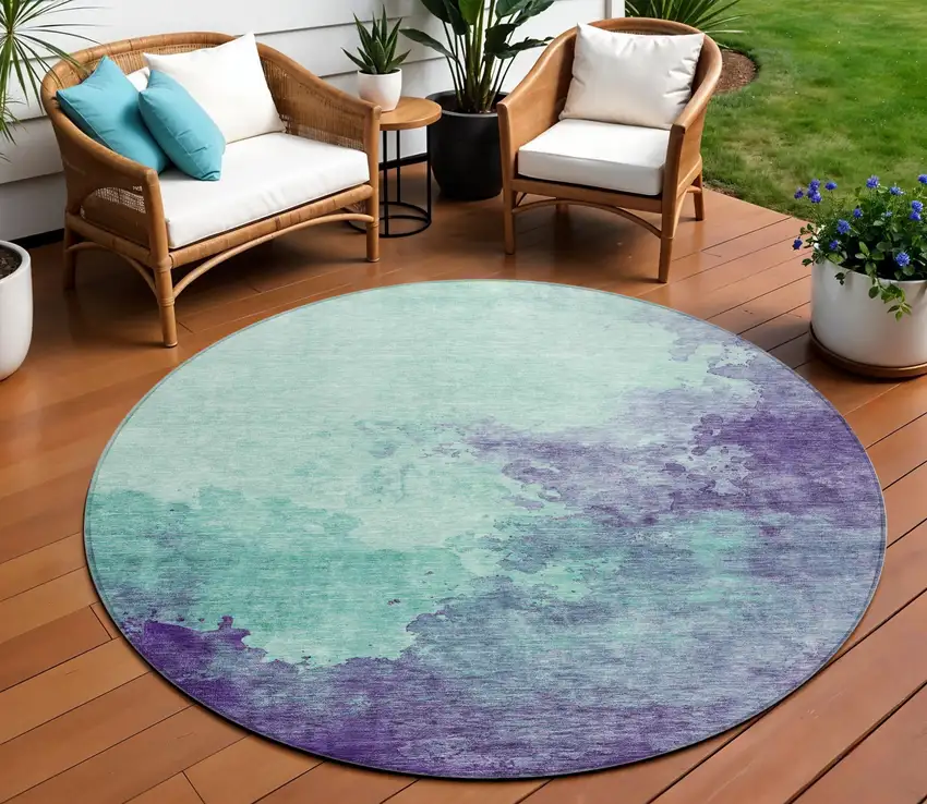 8' Blue And Purple Round Abstract Washable Indoor Outdoor Area Rug Photo 1
