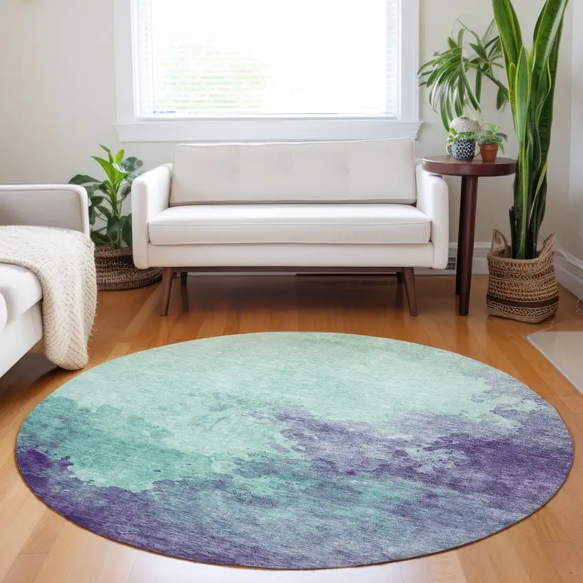 8' Blue And Purple Round Abstract Washable Indoor Outdoor Area Rug Photo 7