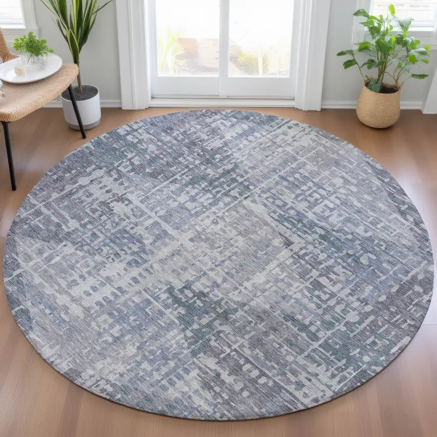 8' Blue And Purple Round Geometric Washable Indoor Outdoor Area Rug Photo 5