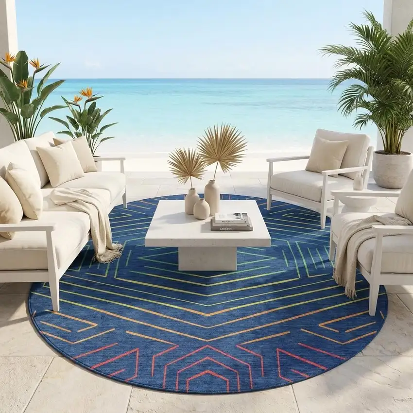 8' Blue And Purple Round Geometric Washable Indoor Outdoor Area Rug Photo 1
