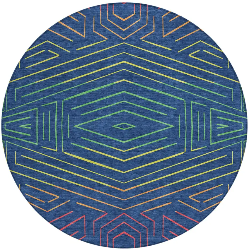 8' Blue And Purple Round Geometric Washable Indoor Outdoor Area Rug Photo 2