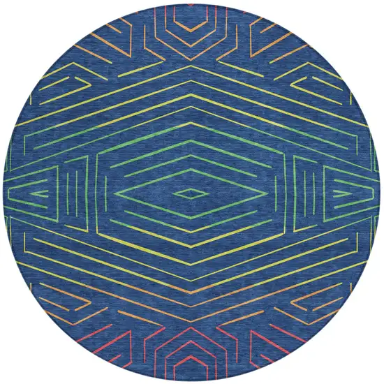 8' Blue And Purple Round Geometric Washable Indoor Outdoor Area Rug Photo 2