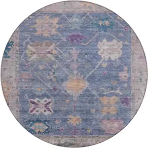 Photo of 8' Blue And Purple Round Tribal Washable Indoor Outdoor Area Rug