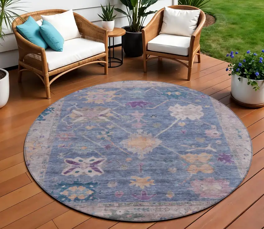 8' Blue And Purple Round Tribal Washable Indoor Outdoor Area Rug Photo 2