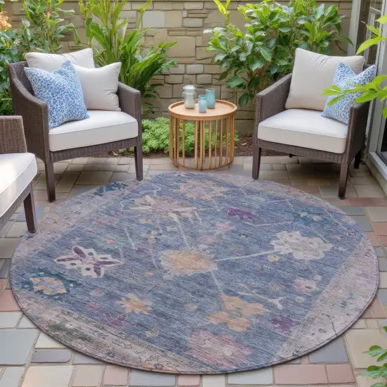 8' Blue And Purple Round Tribal Washable Indoor Outdoor Area Rug Photo 6