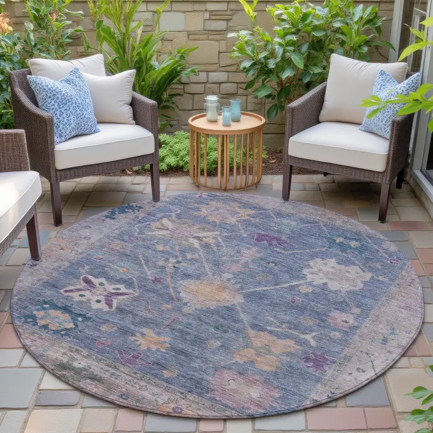 8' Blue And Purple Round Tribal Washable Indoor Outdoor Area Rug Photo 6