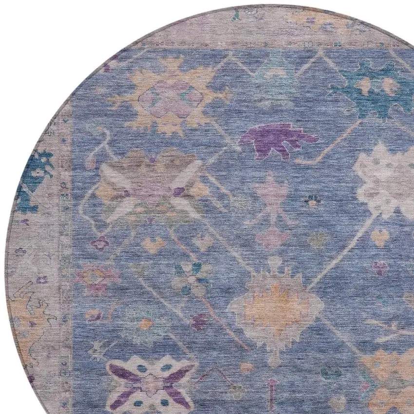 8' Blue And Purple Round Tribal Washable Indoor Outdoor Area Rug Photo 4