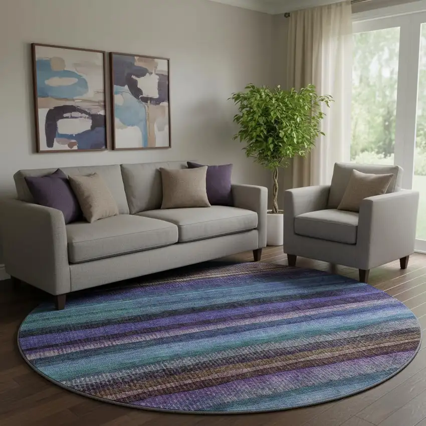 8' Blue And Purple Striped Washable Round Rug With UV Protection Photo 2