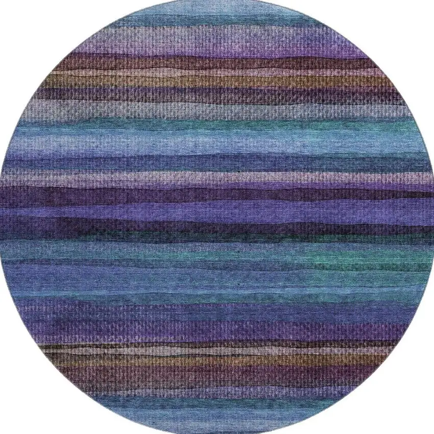 8' Blue And Purple Striped Washable Round Rug With UV Protection Photo 4