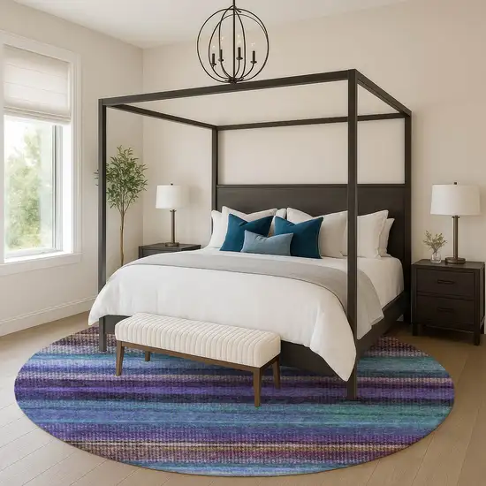 8' Blue And Purple Striped Washable Round Rug With UV Protection Photo 5