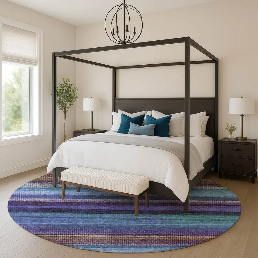 8' Blue And Purple Striped Washable Round Rug With UV Protection Photo 5