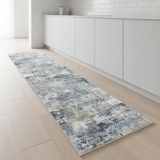 8' Blue And Ivory Abstract Washable Runner Rug Photo 1