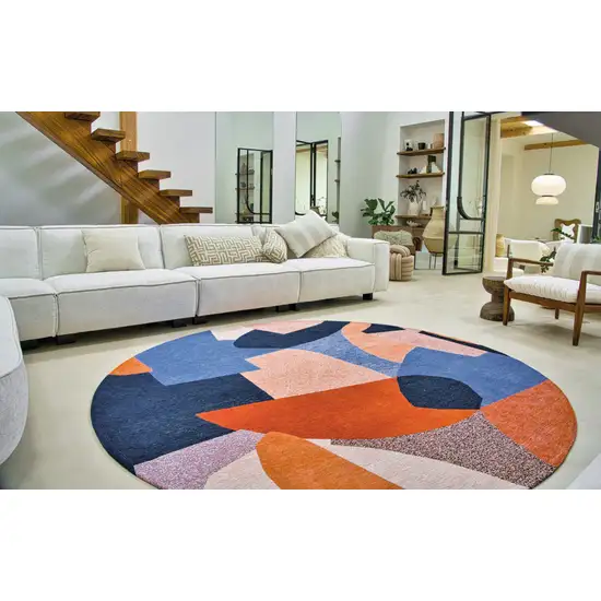 8' Blue And Red Abstract Washable Round Rug Photo 5