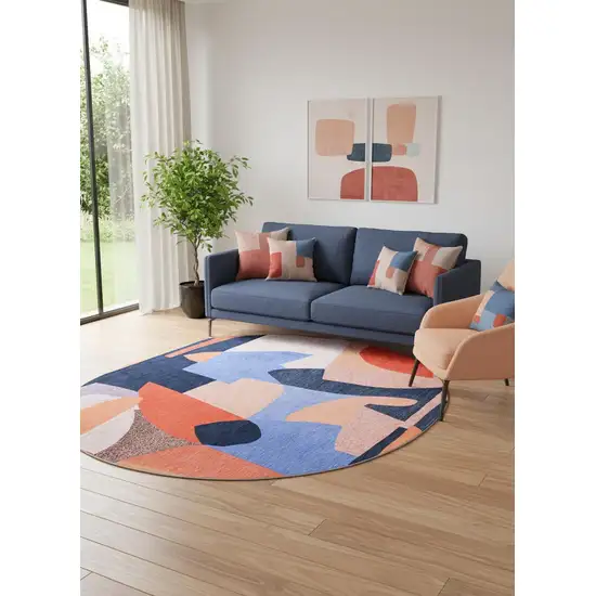 8' Blue And Red Abstract Washable Round Rug Photo 1