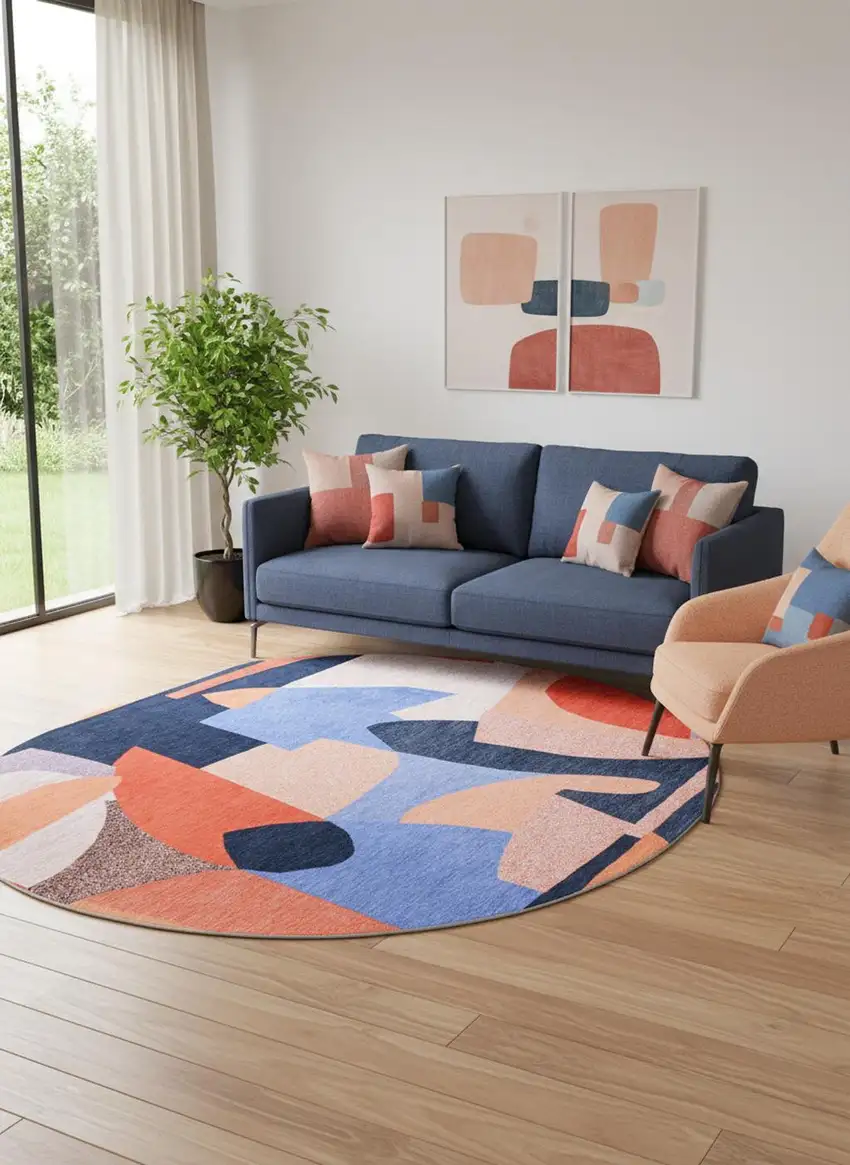 8' Blue And Red Abstract Washable Round Rug Photo 1