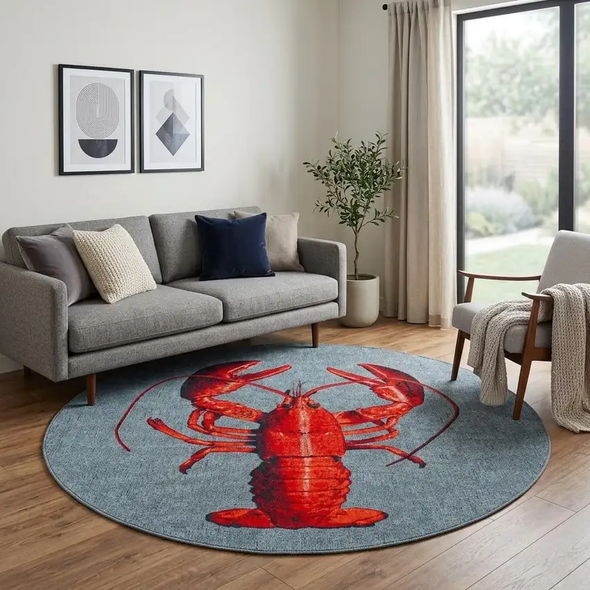 8' Blue And Red Abstract Washable Round Rug Photo 1