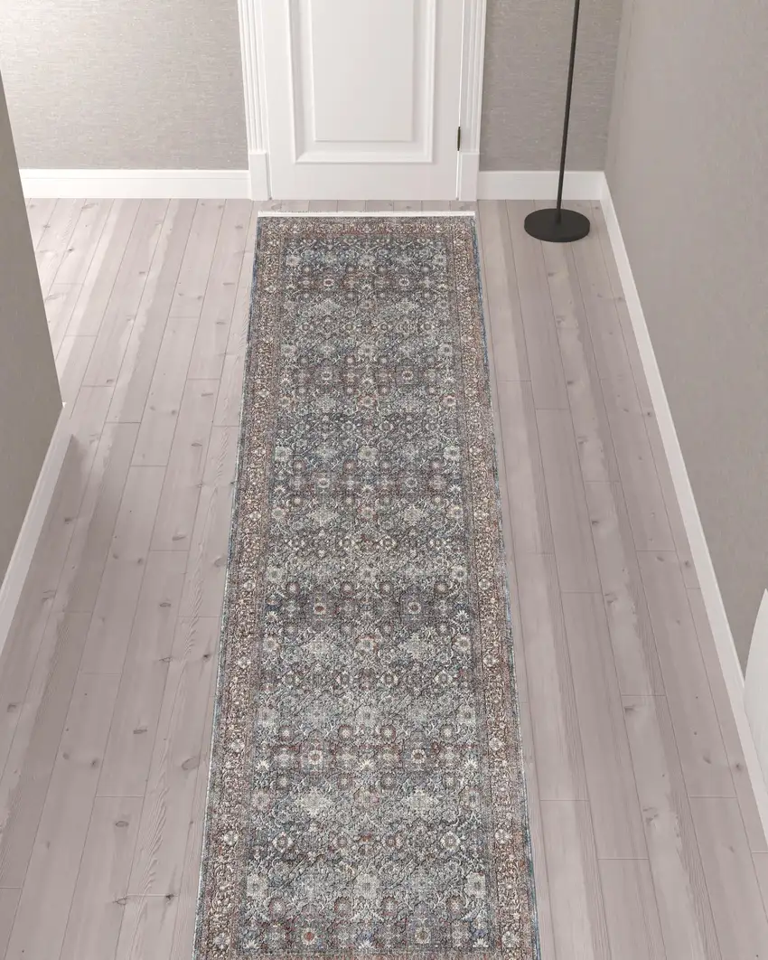 12' Blue And Red Floral Power Loom Runner Rug Photo 7
