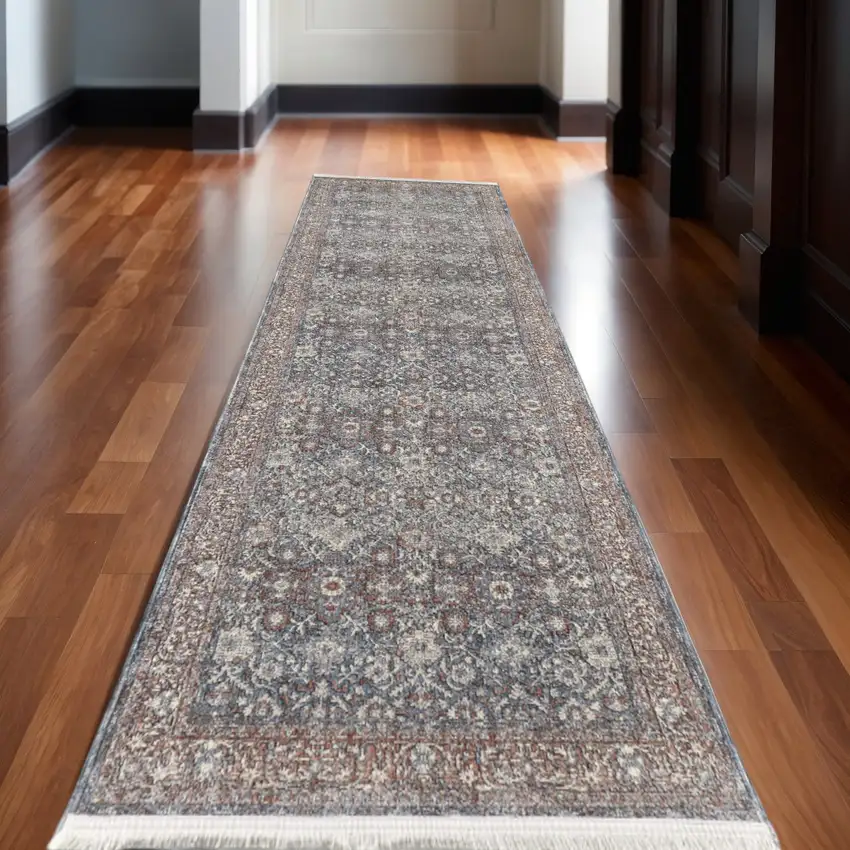 12' Blue Beige And Red Floral Runner Rug Photo 1