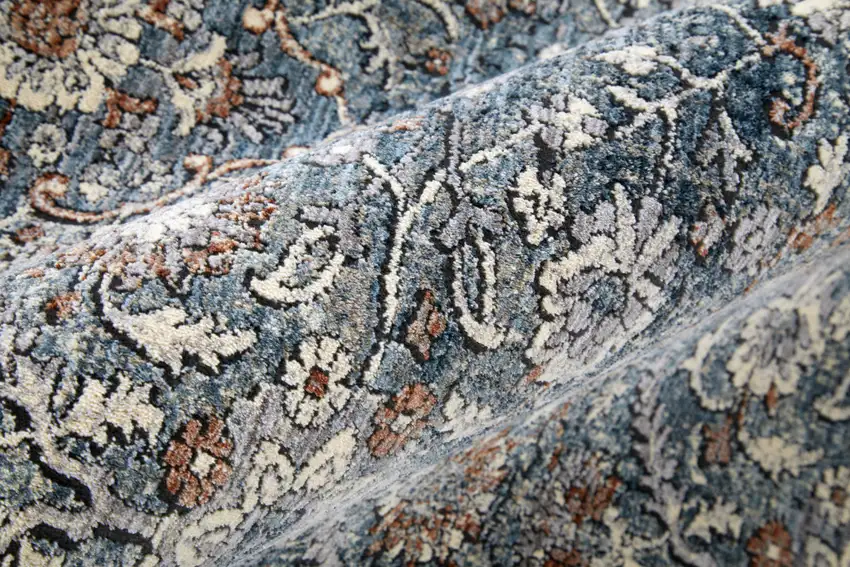 8' Blue And Red Floral Power Loom Stain Resistant Runner Rug Photo 3