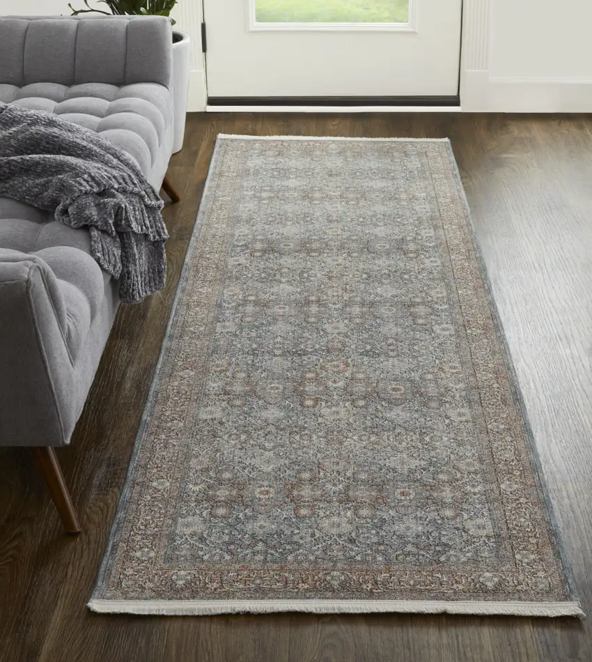 8' Blue And Red Floral Power Loom Stain Resistant Runner Rug Photo 2