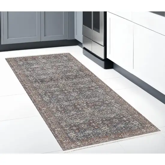 8' Blue And Red Floral Power Loom Stain Resistant Runner Rug Photo 1