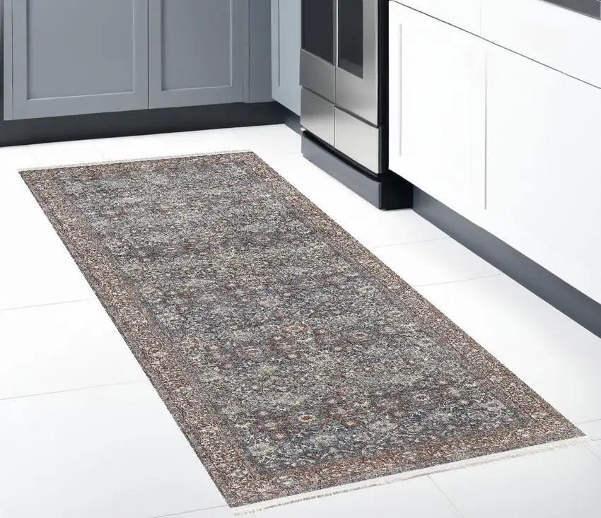 8' Blue And Red Floral Power Loom Stain Resistant Runner Rug Photo 1