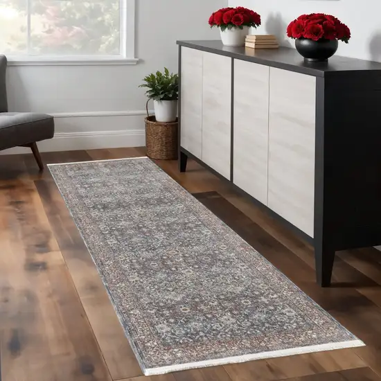 8' Blue Beige And Red Floral Runner Rug Photo 1