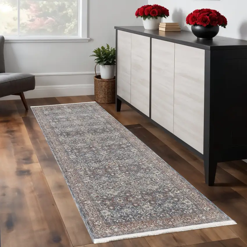 8' Blue Beige And Red Floral Runner Rug Photo 1