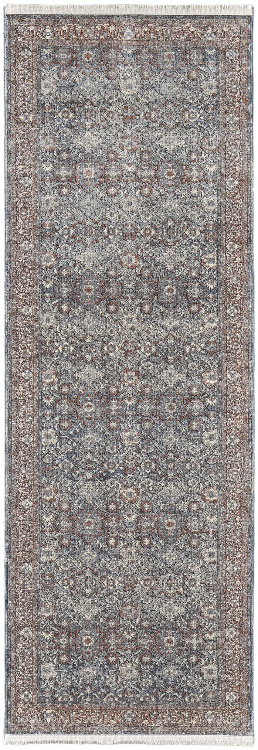 8' Blue And Red Floral Power Loom Stain Resistant Runner Rug Photo 1
