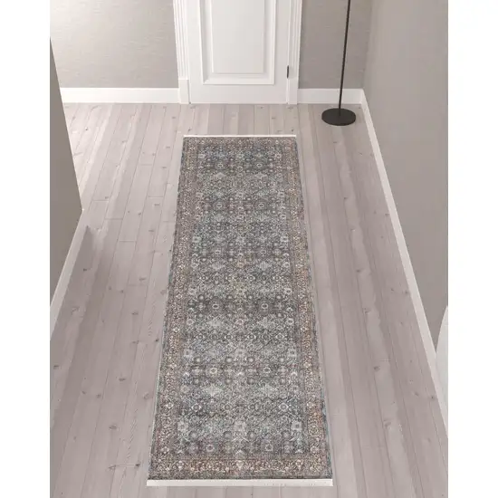 10' Blue And Red Floral Power Loom Stain Resistant Runner Rug Photo 1