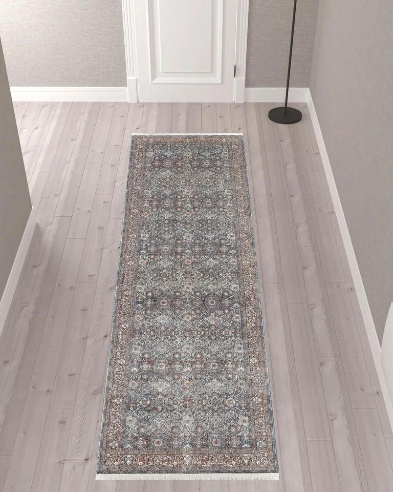 10' Blue And Red Floral Power Loom Stain Resistant Runner Rug Photo 1