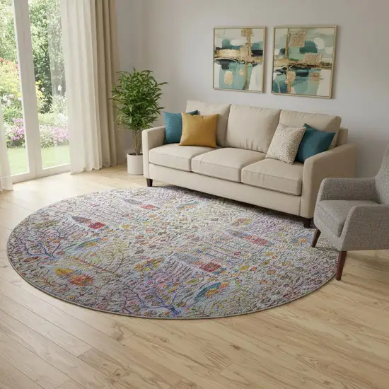 8' Blue And Red Floral Vines Washable Round Rug With UV Protection Photo 2