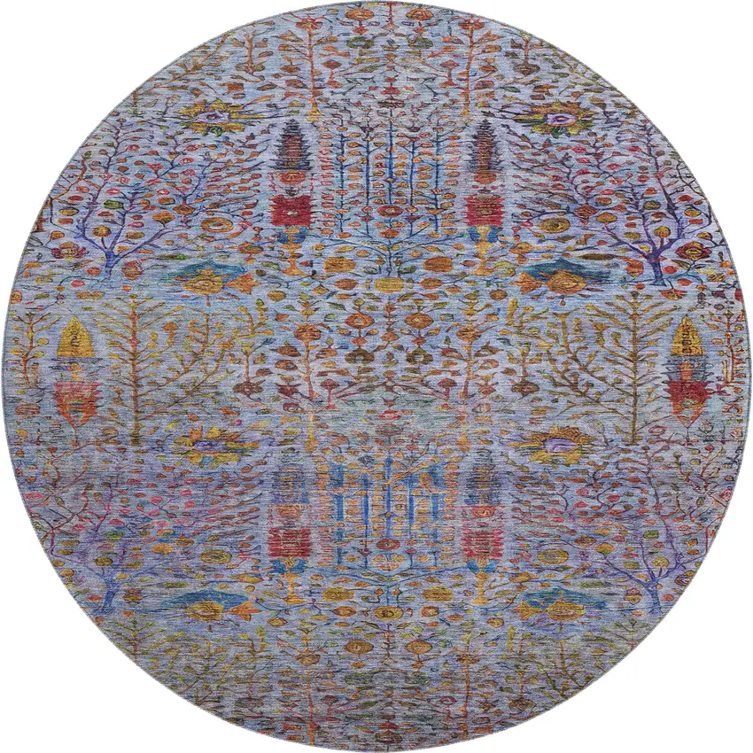 8' Blue And Red Floral Vines Washable Round Rug With UV Protection Photo 1