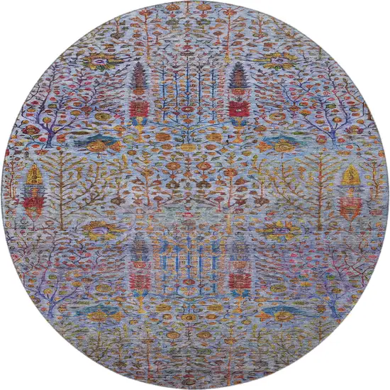 8' Blue And Red Floral Vines Washable Round Rug With UV Protection Photo 4