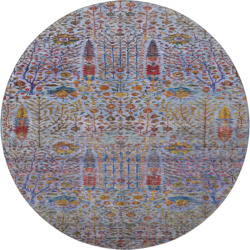 8' Blue And Red Floral Vines Washable Round Rug With UV Protection Photo 4