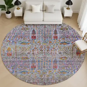 Photo of 8' Blue And Red Floral Vines Washable Round Rug With UV Protection